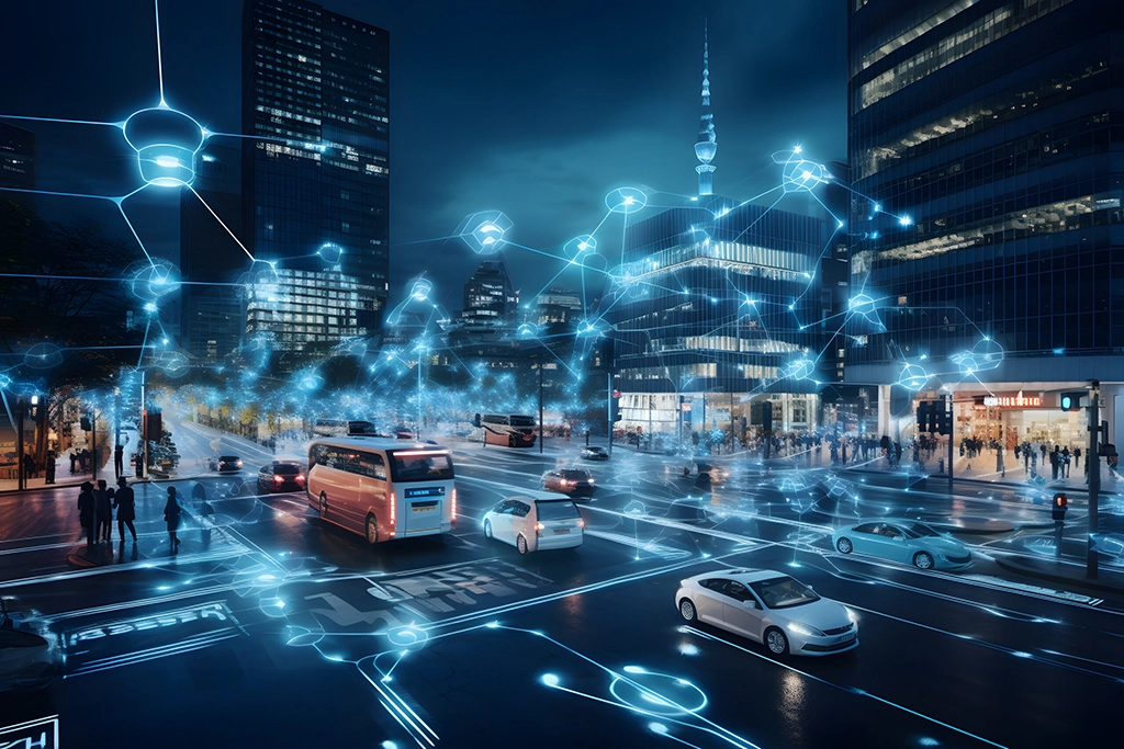 An advanced urban landscape with sleek buildings, abundant greenery, and smart technology elements against a bright sky.